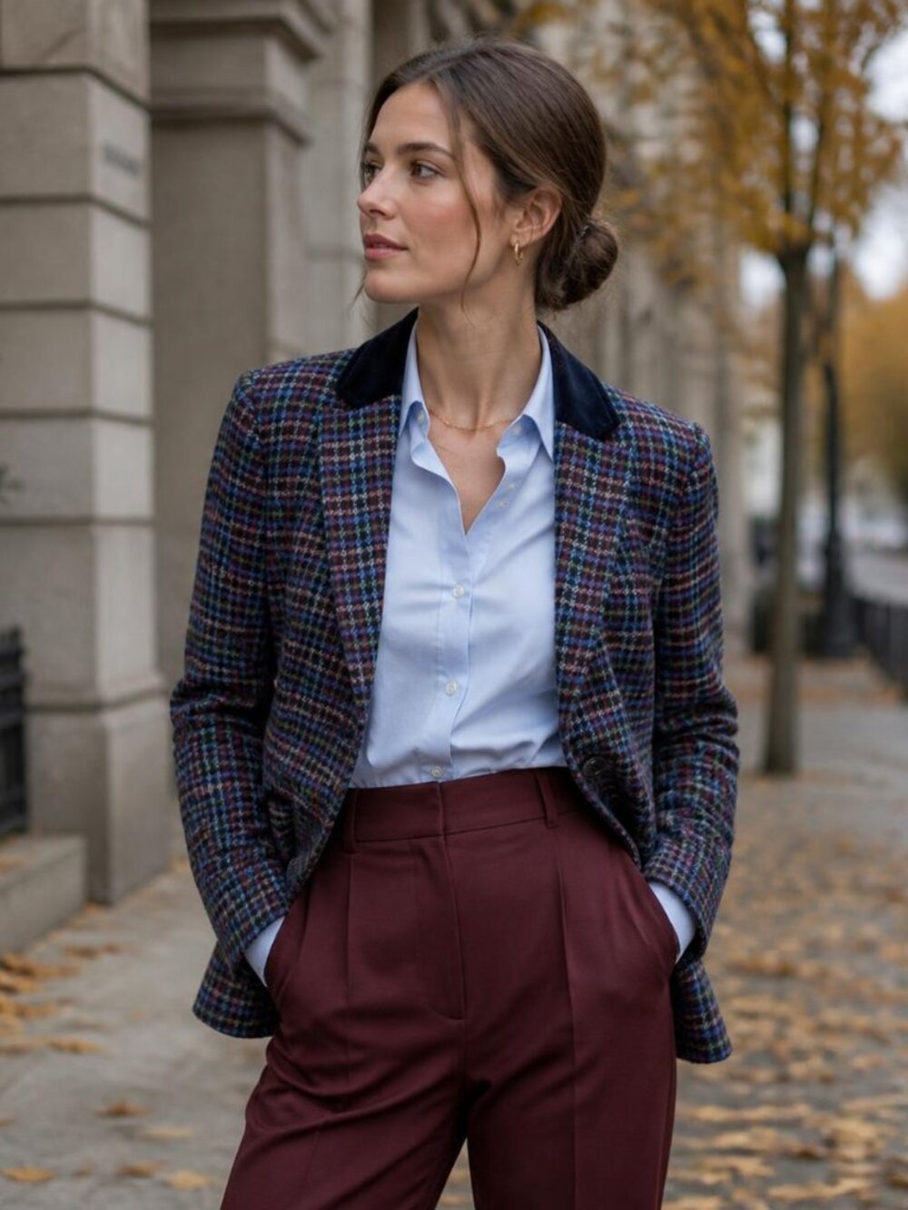 Talbots Petite Navy Plaid Wool Blend Blazer Velvet Collar Size 6P